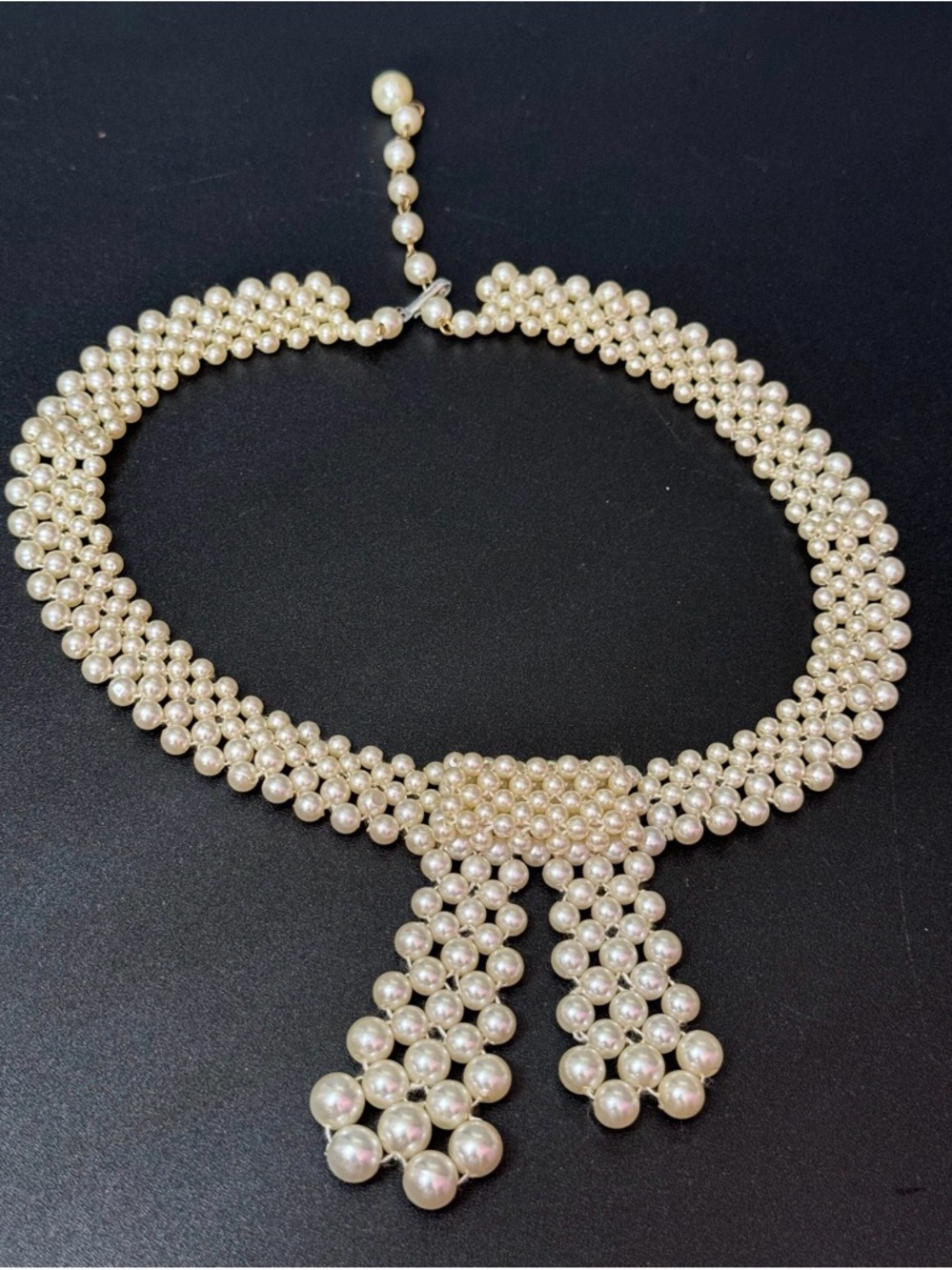 Vintage faux white Plastic round pearl woven multi strand choker collar necklace